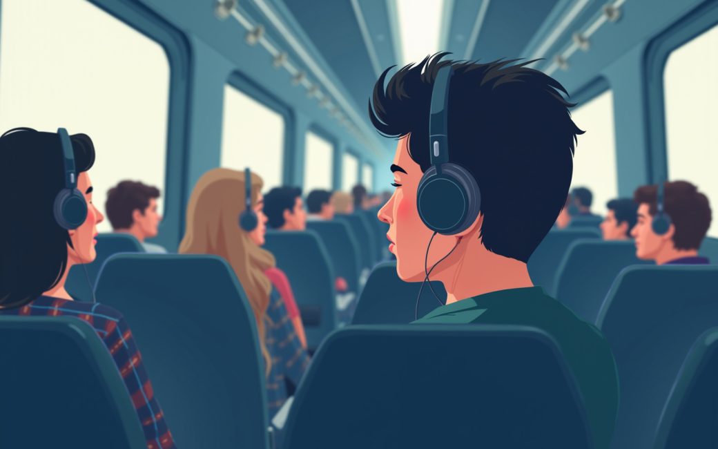 Commuter wearing wireless headphones on a packed train.