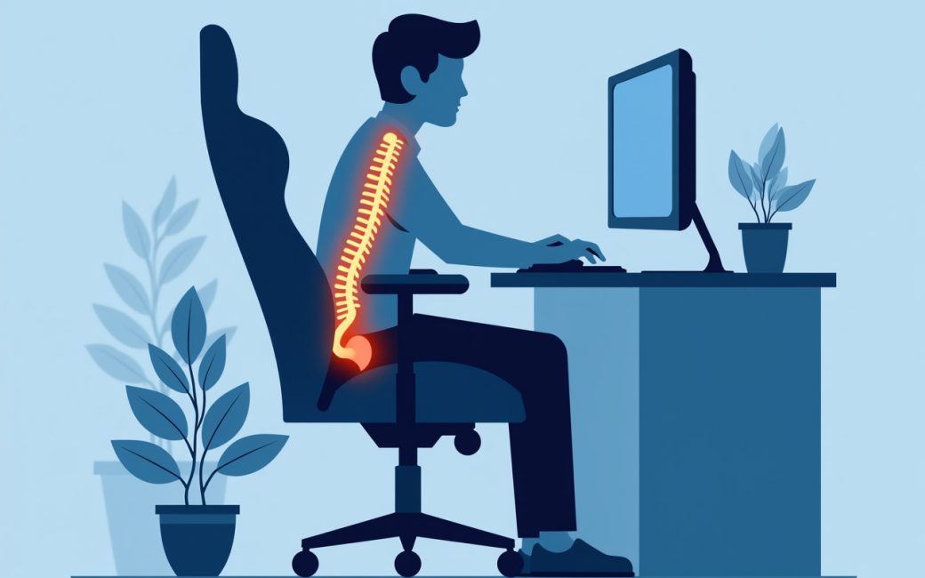 Side view of a gamer seated in a gaming chair at a desk, demonstrating proper spinal alignment.