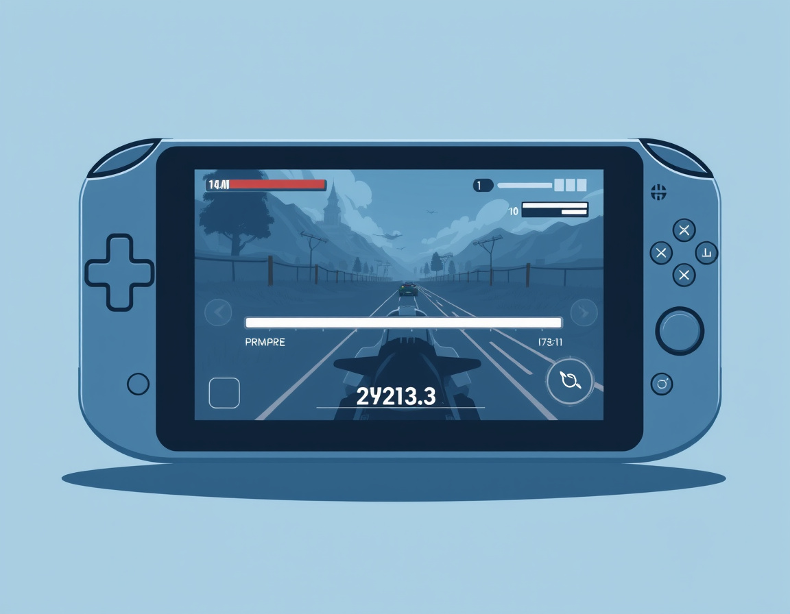 Handheld device screen showing game with visible performance metrics and frame rate dips