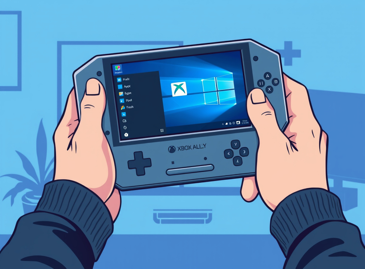 Hands holding a handheld gaming PC with Windows interface visible on display