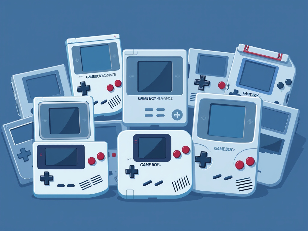 Assorted classic and retro handheld game systems arranged in a group