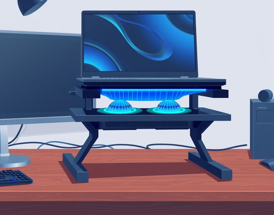 Gaming laptop elevated on a cooling pad with proper airflow positioning